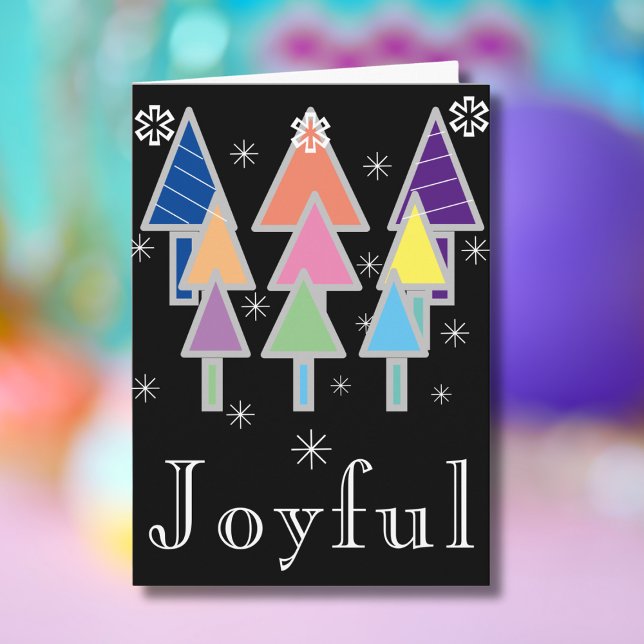 Weihnachts-Chic-Skript Moderner Künstlerischer Sch Karte ('Joyful' dramatic black holiday card with colorful abstract art Christmas trees.)