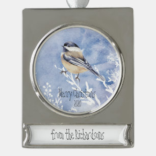 Weihnachts-Chickadee Bird Winter Custom Dating Banner-Ornament Silber