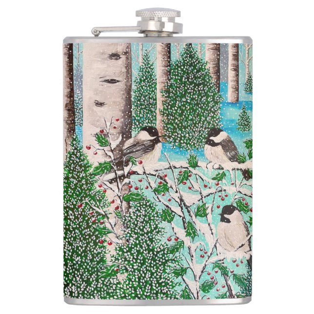 Weihnachts Chickadee Chatter Wasserflasche Flachmann (Vorderseite)
