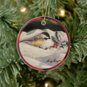 Weihnachts-Chickadee mit Mistletoe & Winterschnee Keramik Ornament