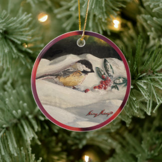 Weihnachts-Chickadee mit Mistletoe & Winterschnee Keramik Ornament