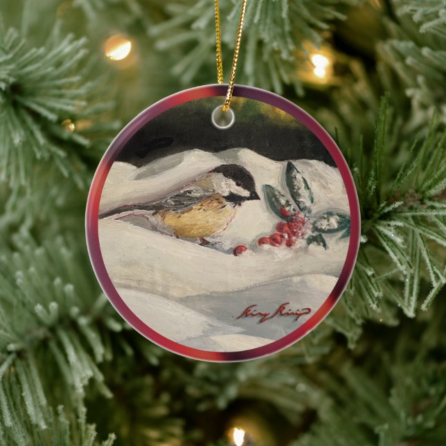 Weihnachts-Chickadee mit Mistletoe & Winterschnee  Keramik Ornament (Baum)