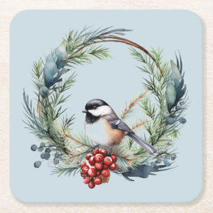 Weihnachts-Chickademie Bird in Wreath Art Rechteckiger Pappuntersetzer