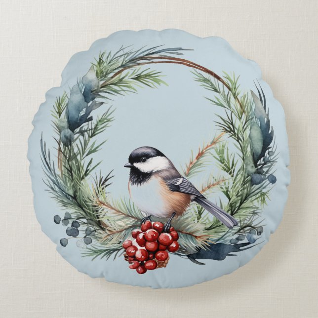 Weihnachts-Chickademie Bird in Wreath Art Rundes Kissen (Vorderseite)