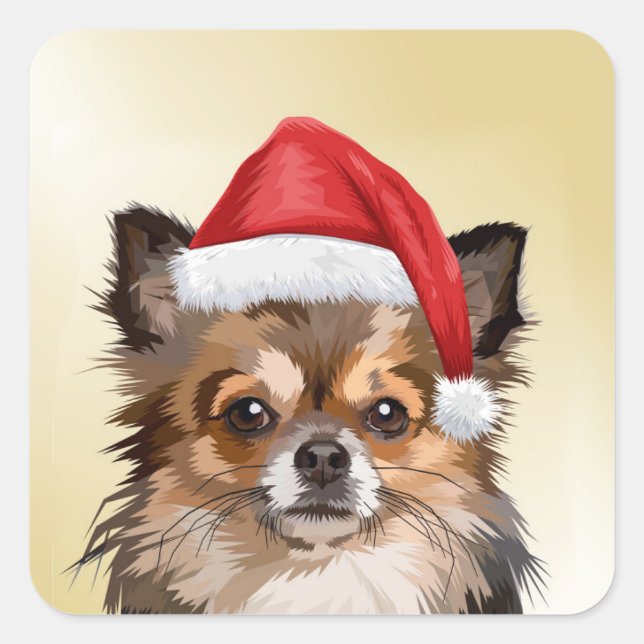 Weihnachts-Chihuahua-Welpe mit Weihnachtsmannmütze Quadratischer Aufkleber (Vorderseite)
