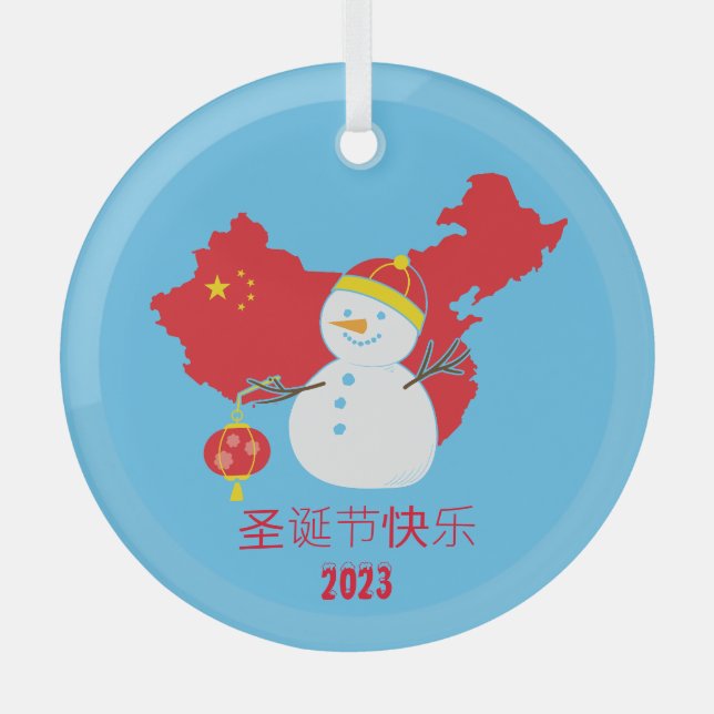 Weihnachts-Chinesische Flagge Snowman Ornament Aus Glas (Vorderseite)