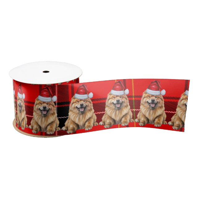Weihnachts Chow Chow Dog Holiday Rot Kariert Satinband (Spule)