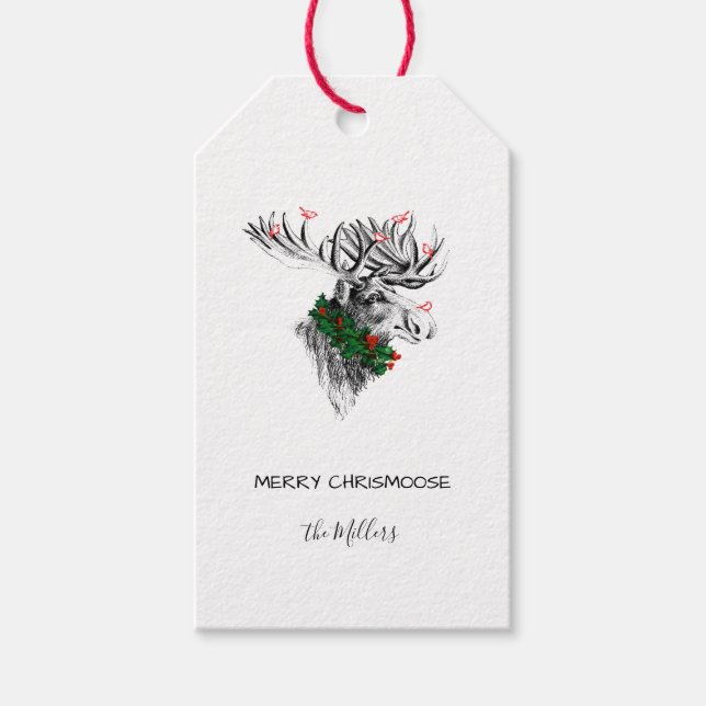 Weihnachts-Chrismoose Moose Birds & Holly-Geschenk Geschenkanhänger (Vorderseite)