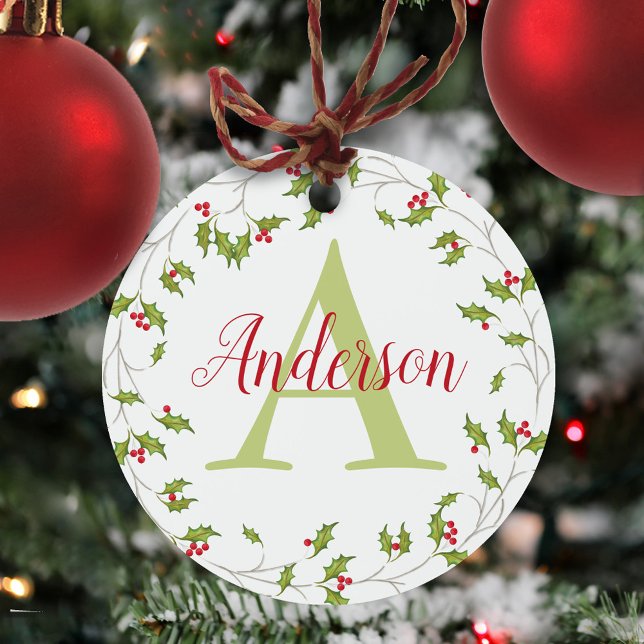 Weihnachts Classic Holiday Red Holly Monogram Ornament Aus Metall (Simple Christmas holiday greenery holly berries monogram metal ornament)