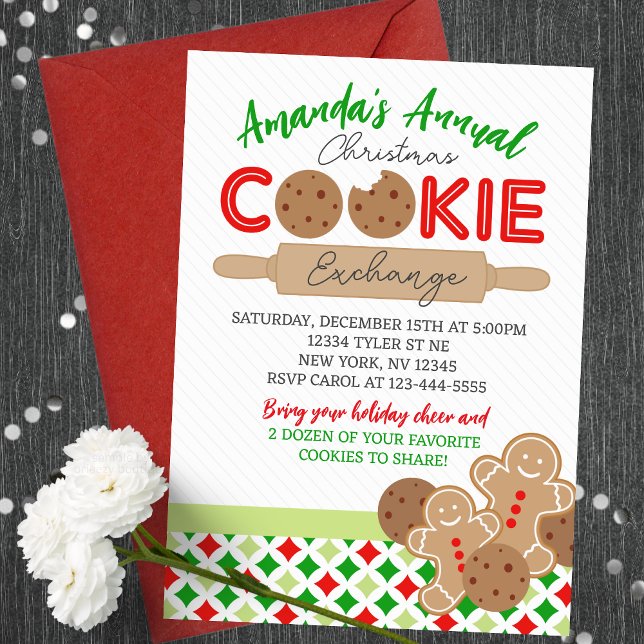 Weihnachts-Cookie-Exchange-Party Einladung (Bright & Merry Holiday Christmas Cookie Exchange Party Invites. Featuring sweet gingerbread cookies)