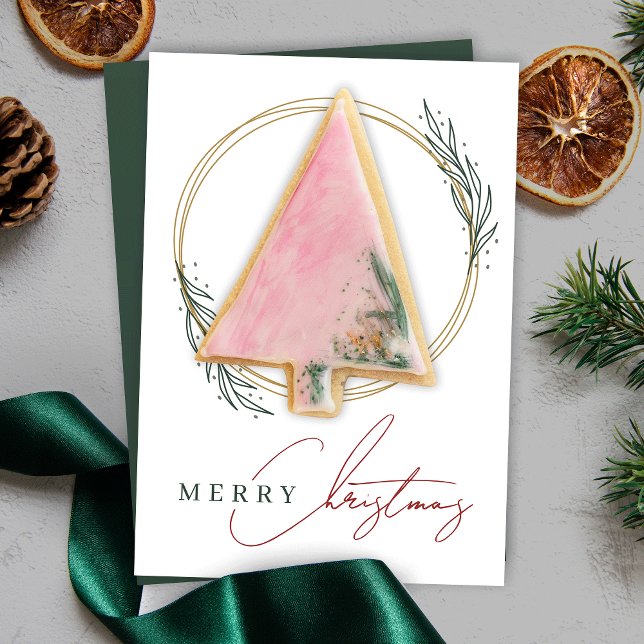 Weihnachts-Cookie-Karte Elegantes Goldenes Grün (Display your individual Christmas cookies in style with this elegant gold wreath cookie card design)