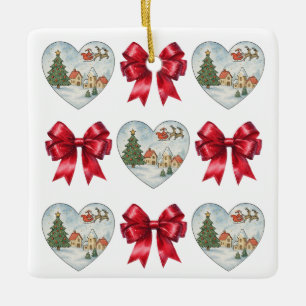 Weihnachts-Coquette-Herz-und-Schleifen-Muster Keramikornament