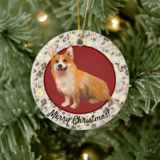 Weihnachts-Corgi-Blumen Keramik Ornament