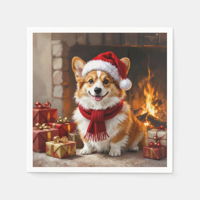Weihnachts-Corgi-Hund am Kamin Serviette (Vorderseite)