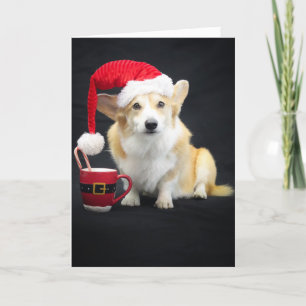 Weihnachts-Corgi in Cap mit Cup und Candy Cane Karte
