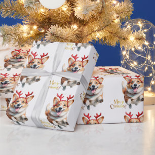 Weihnachts-Corgi mit Rentier-Antlers Geschenkpapier