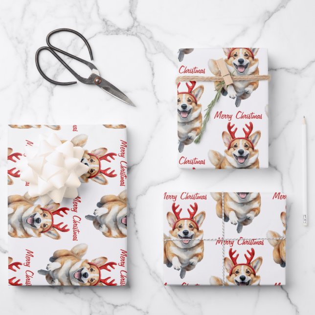 Weihnachts-Corgi mit Rentier-Antlers Geschenkpapier Set (Vorderseite)