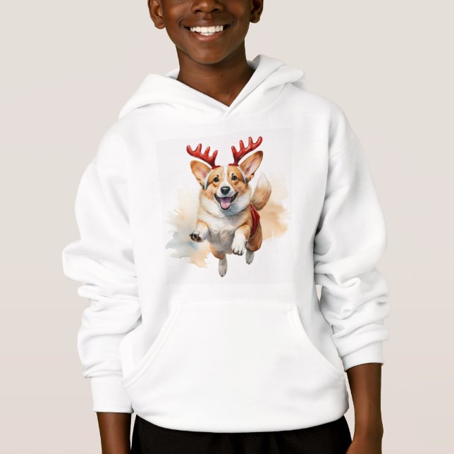 Weihnachts-Corgi mit Rentier-Antlers Hoodie (Vorderseite)