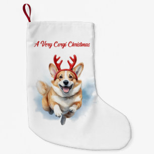 Weihnachts-Corgi mit Rentier-Antlers springen Kleiner Weihnachtsstrumpf