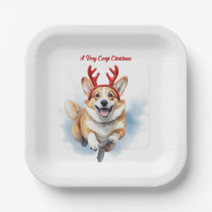 Weihnachts-Corgi mit Rentier-Antlers springen Pappteller