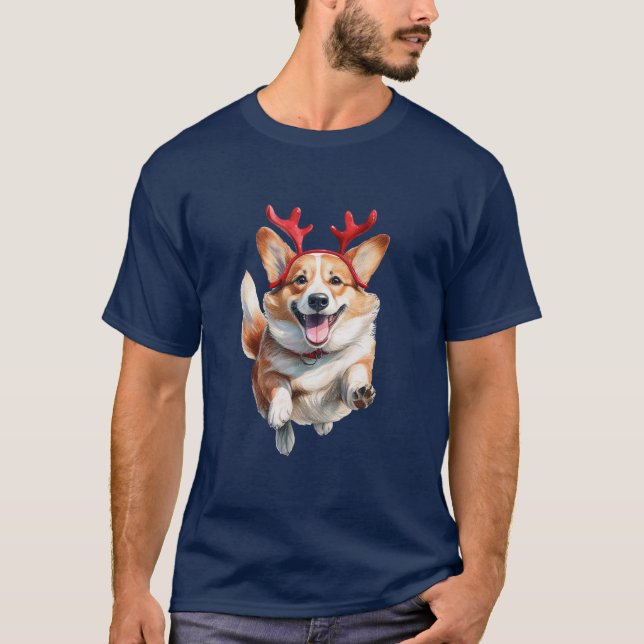 Weihnachts-Corgi mit Rentier-Antlers T-Shirt (Vorderseite)