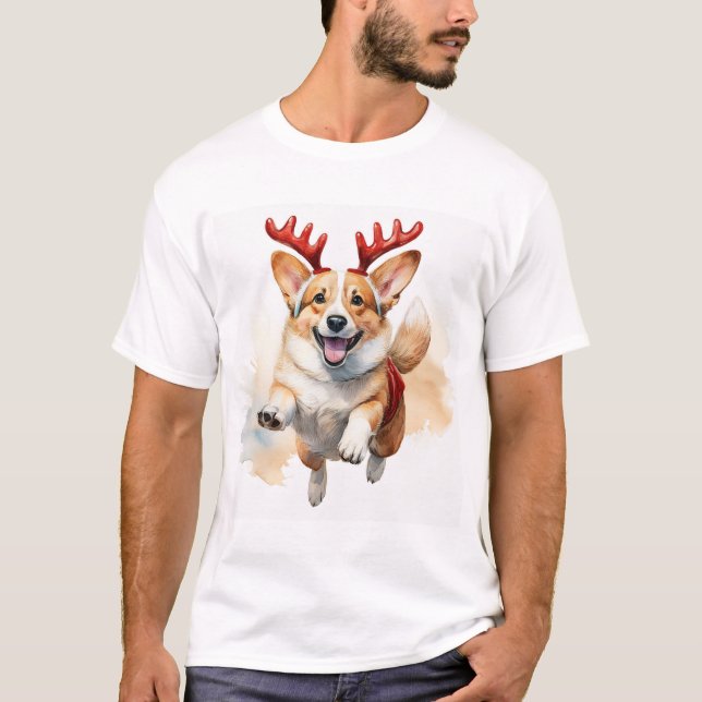 Weihnachts-Corgi mit Rentier-Antlers T-Shirt (Vorderseite)