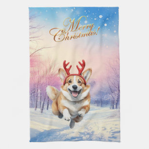 Weihnachts-Corgi-Rentierfischer springen im Schnee Geschirrtuch