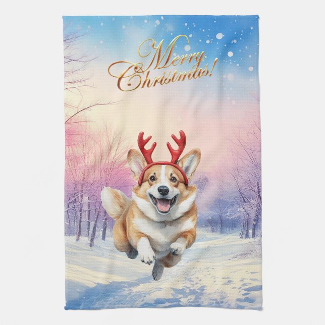 Weihnachts-Corgi-Rentierfischer springen im Schnee Geschirrtuch (Vertikal)