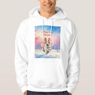 Weihnachts-Corgi-Rentierfischer springen im Schnee Hoodie