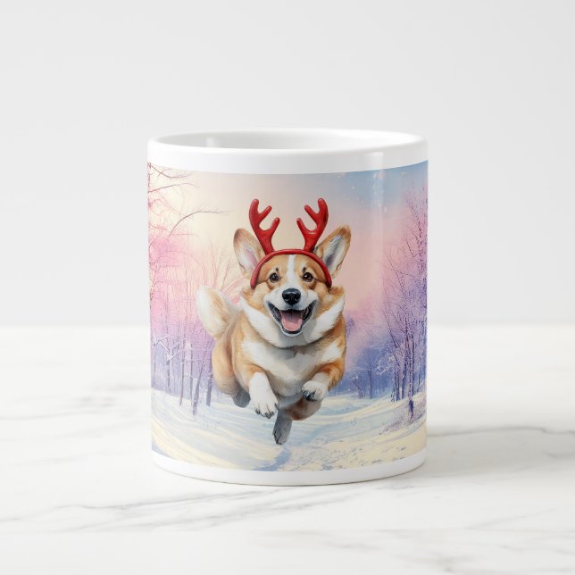 Weihnachts-Corgi-Rentierfischer springen im Schnee Jumbo-Tasse (Vorderseite)