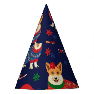 Weihnachts-Corgis: Festliche Vintage-Illustration. Partyhütchen