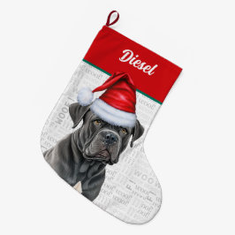 Weihnachts-Corso Hund mit Name Woof Hintergrund Großer Weihnachtsstrumpf
