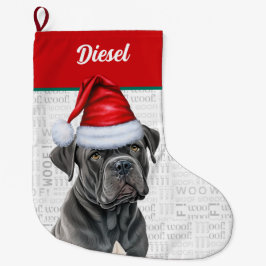 Weihnachts-Corso Hund mit Name Woof Hintergrund Großer Weihnachtsstrumpf