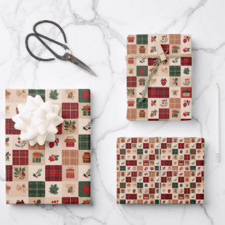 Weihnachts-Cottagecore-Karo-Geschenke und Botanik Geschenkpapier Set