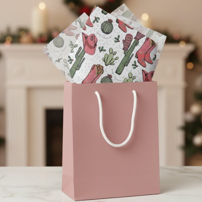 Weihnachts-Cowgirl Howdy Weihnachten Seidenpapier (Elegant White Howdy Christmas Western Cowboy  Tissue Paper. Cute Cowgirl Boots & Cactus Pattern)