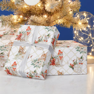 Weihnachts-Cozy-Muster mit Katzen und Blumen Geschenkpapier