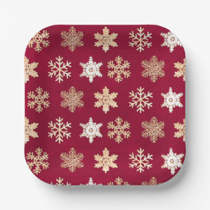 Weihnachts-Cranberry-Gold-Schneeflocken Pappteller