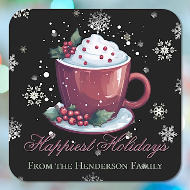 Weihnachts-Cup mit heißer Schokolade Personalisier Quadratischer Aufkleber (Christmas Cup of Hot Chocolate Personalized Sticker)