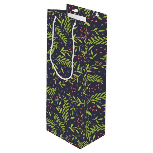 Weihnachts-Cypress-Schneeflocken Berries Rote Blum Geschenktüte Für Weinflaschen (Vorderseite Schrägansicht)