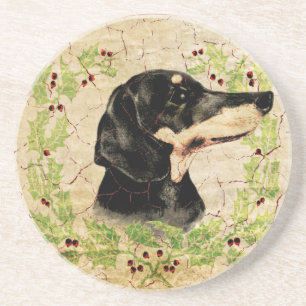Weihnachts-Dachshund im Vintage-Lorbeerkranz Sandstein Untersetzer