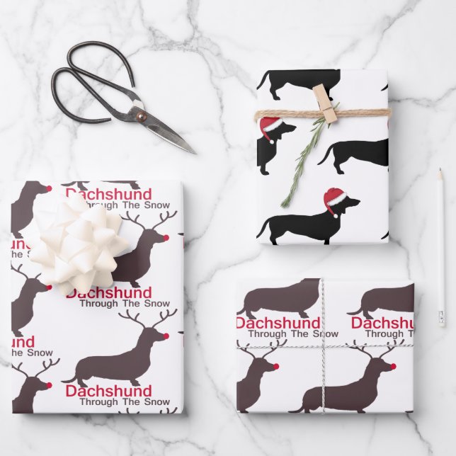 Weihnachts-Dackel durch den Schnee Geschenkpapier Set (Vorderseite)