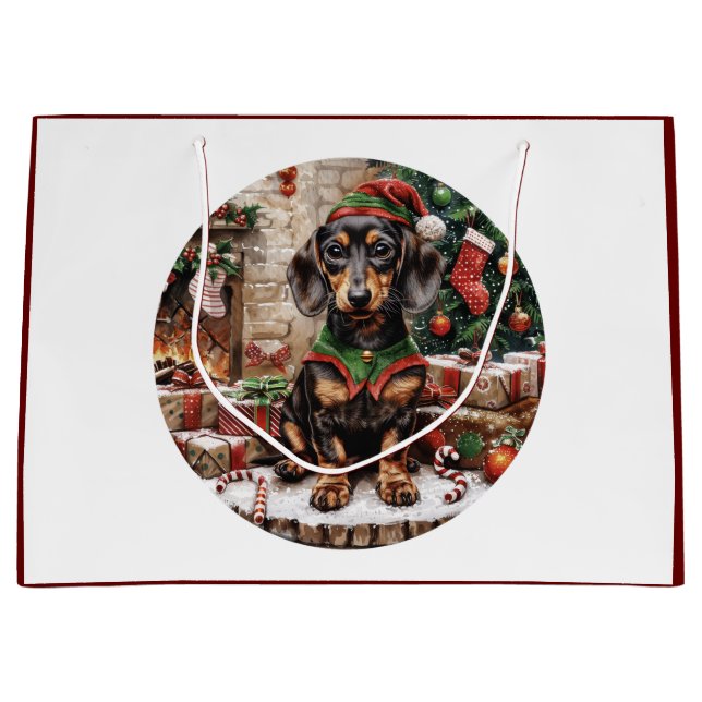 Weihnachts-Dackel Hogs Elf Große Geschenktüte (Vorderseite)