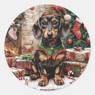 Weihnachts-Dackel Hogs Elf Runder Aufkleber