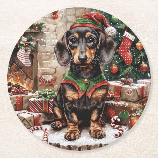 Weihnachts-Dackel Hogs Elf Runder Pappuntersetzer (Vorderseite)