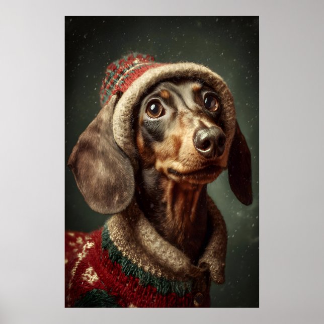 Weihnachts-Dackel-Kunstposter, Hund im Pullover Poster (Vorne)