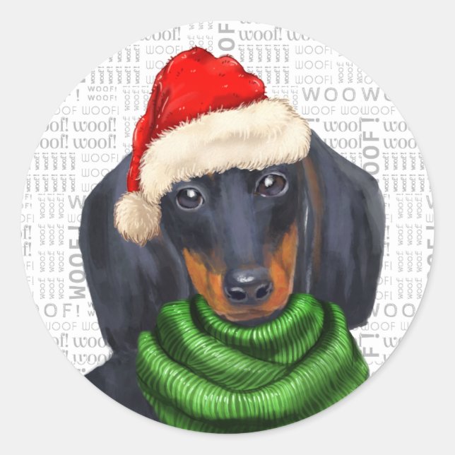 Weihnachts-Dackel und Woof Art Hund Lover Runder Aufkleber (Vorderseite)