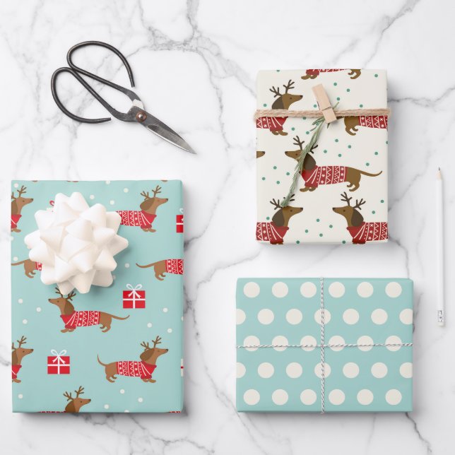 Weihnachts-Dackeln Wrapping Paper Set 3 Geschenkpapier Set (Vorderseite)