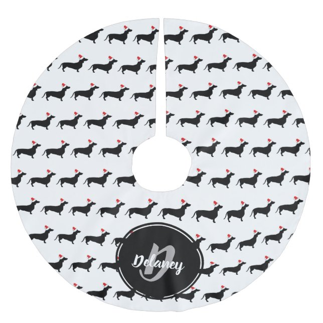 Weihnachts-Dacshunds und Weihnachtsmannmützen Fami Polyester Weihnachtsbaumdecke (Vorderseite)