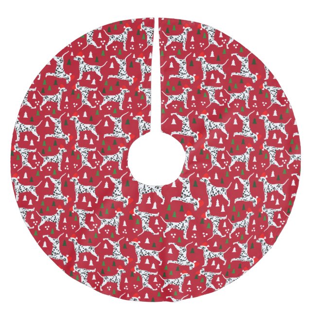 Weihnachts-Dalmatiner in Weihnachtsmannmützen Rote Polyester Weihnachtsbaumdecke (Vorderseite)