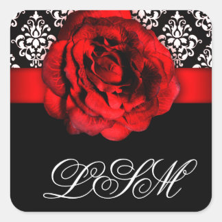 Weihnachts-Damask-Hochzeitsmonographie-Rote Rose Quadratischer Aufkleber